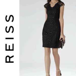 NWT Reiss Mayra Sexy Black Lace Leopard Midi Sparkle Fitted Formal Sheath Dress